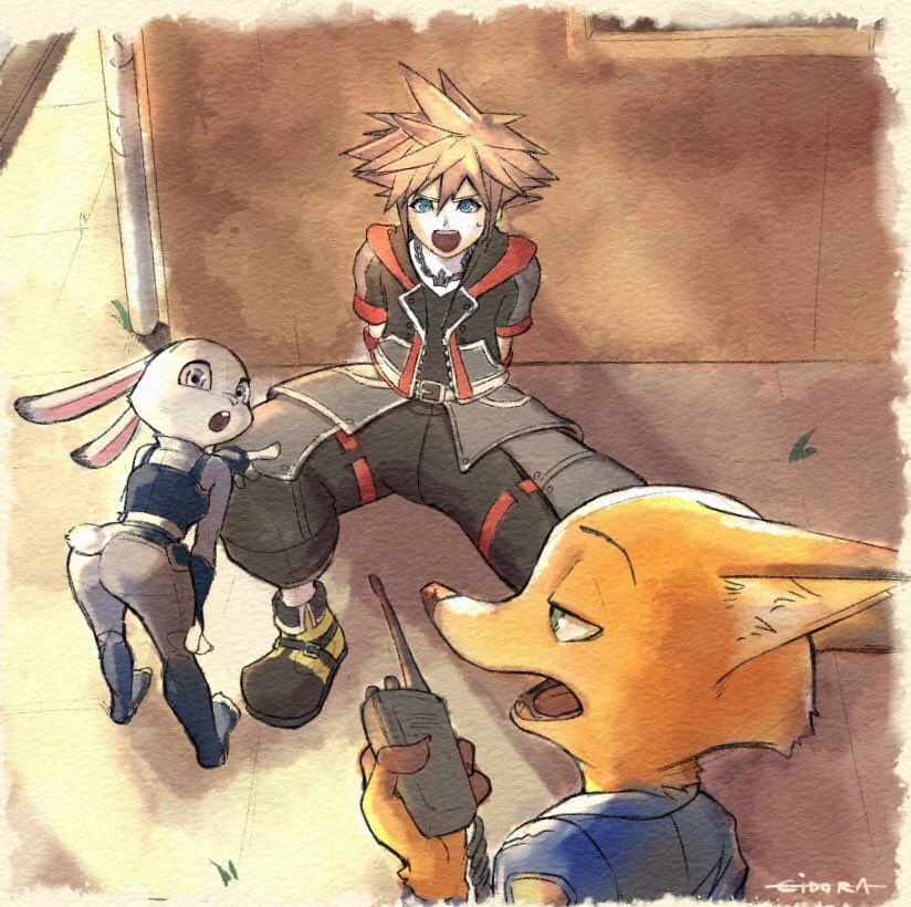 sora, judy hopps, and nick wilde (kingdom hearts and 1 more) drawn by king_gidora