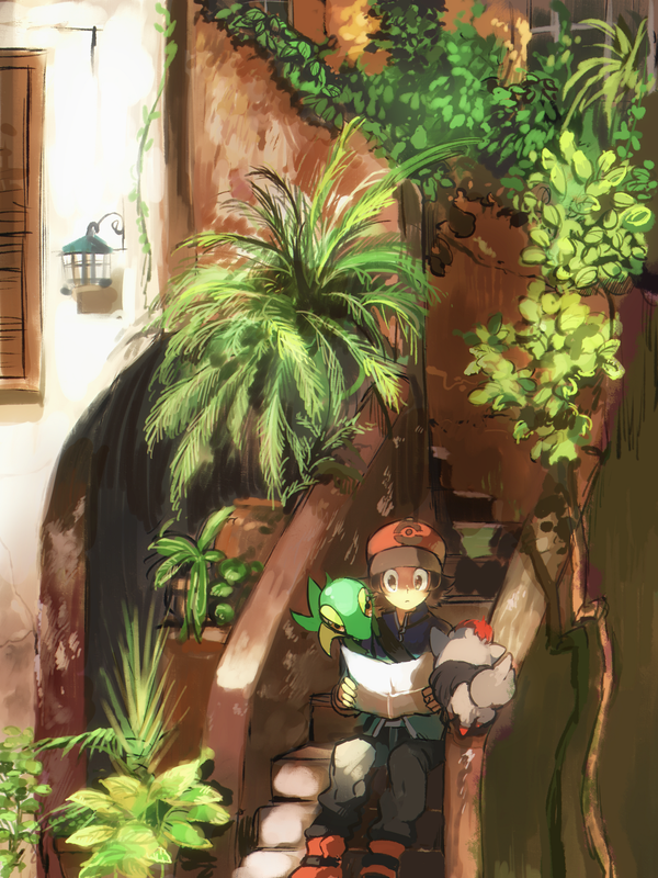 hilbert, snivy, and zorua (pokemon and 1 more) drawn by tetsu_(teppei)