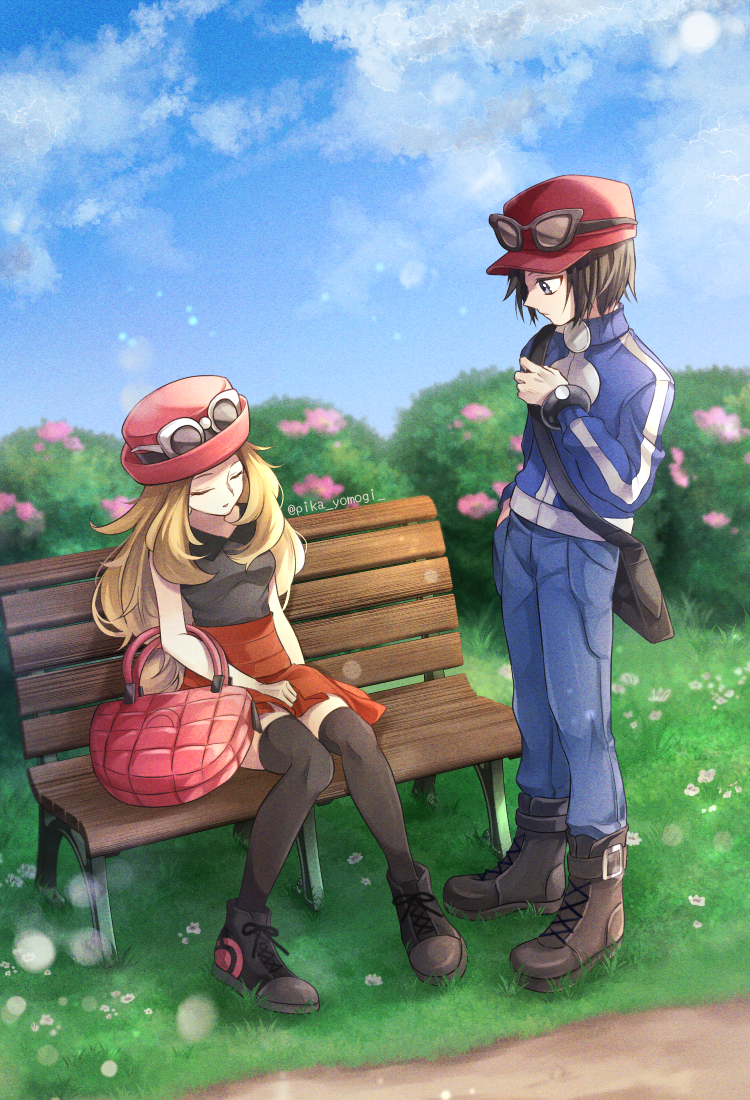 serena and calem (pokemon and 1 more) drawn by yomogi_(black-elf)