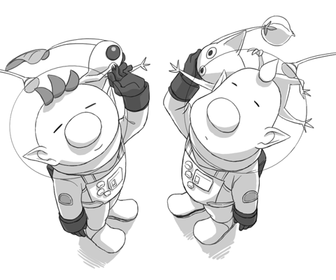 olimar, yellow pikmin, white pikmin, and louie (pikmin) drawn by naru_(wish_field)