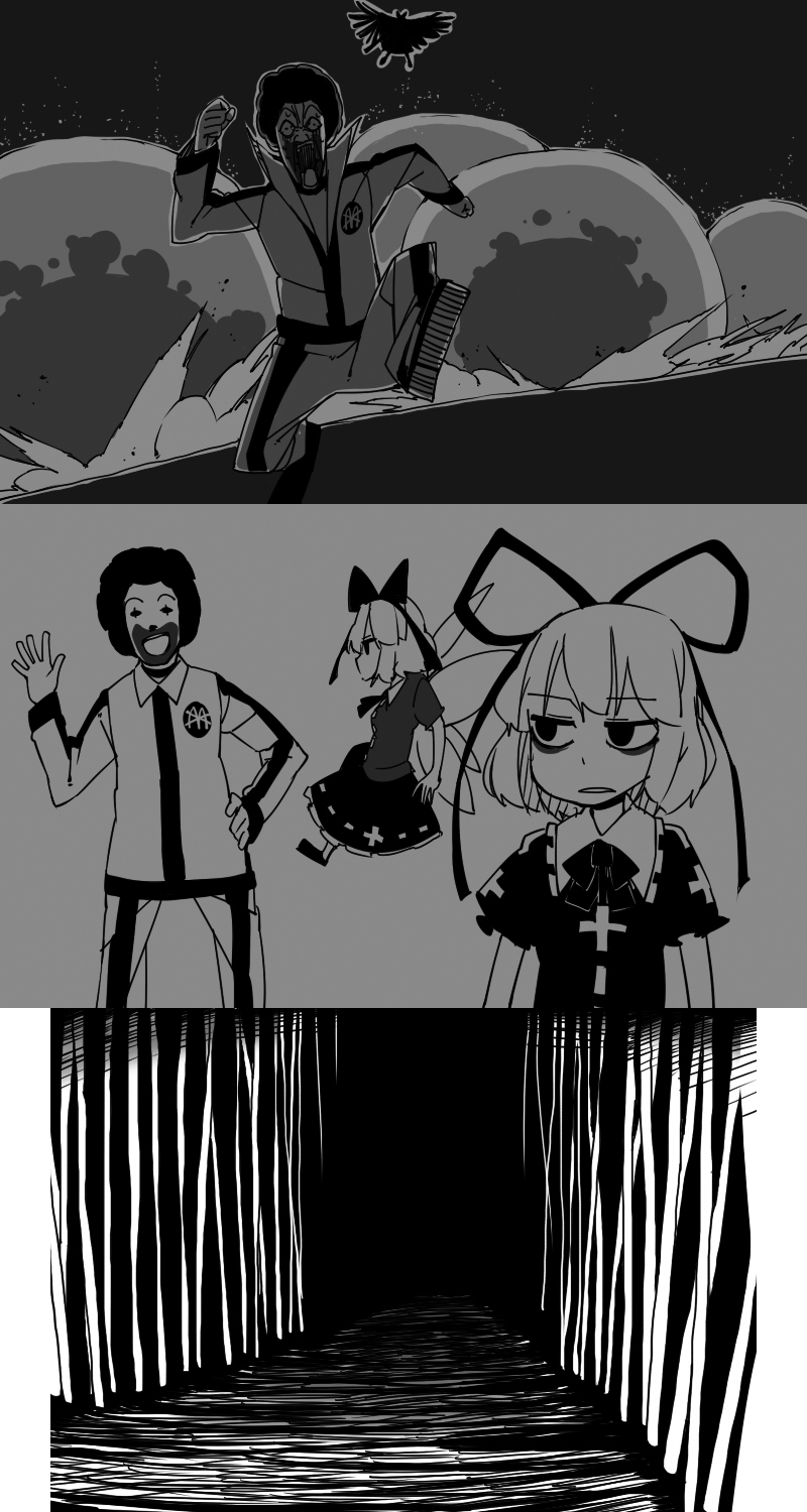 reiuji utsuho, medicine melancholy, su-san, and ronald mcdonald (touhou and 1 more) drawn by yaza
