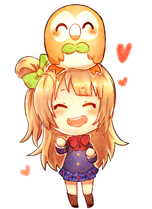 minami kotori and rowlet (pokemon and 3 more) drawn by kataro