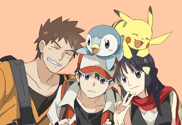 pikachu, dawn, red, piplup, and brock (pokemon and 3 more) drawn by taoru_(t_kiji)