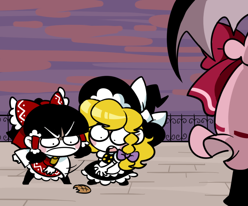 hakurei reimu, kirisame marisa, and remilia scarlet (touhou and 1 more) drawn by peachems_(gemu)