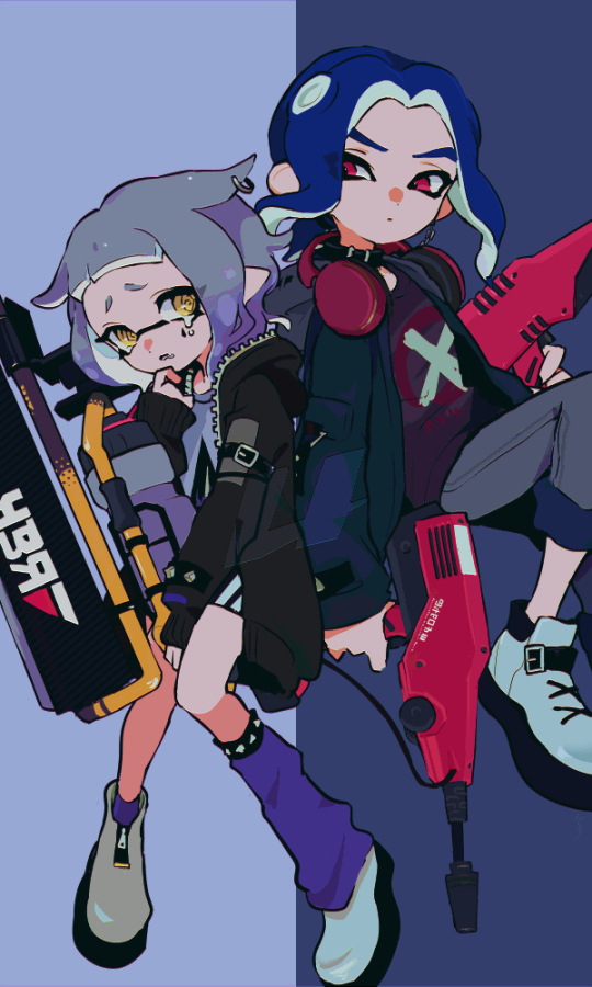 inkling player character, inkling girl, octoling player character, and octoling boy (splatoon) drawn by imaikuy0