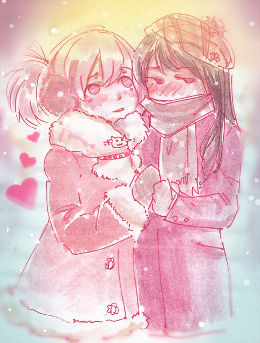 akemi homura, kaname madoka, and kyubey (mahou shoujo madoka magica) drawn by womu