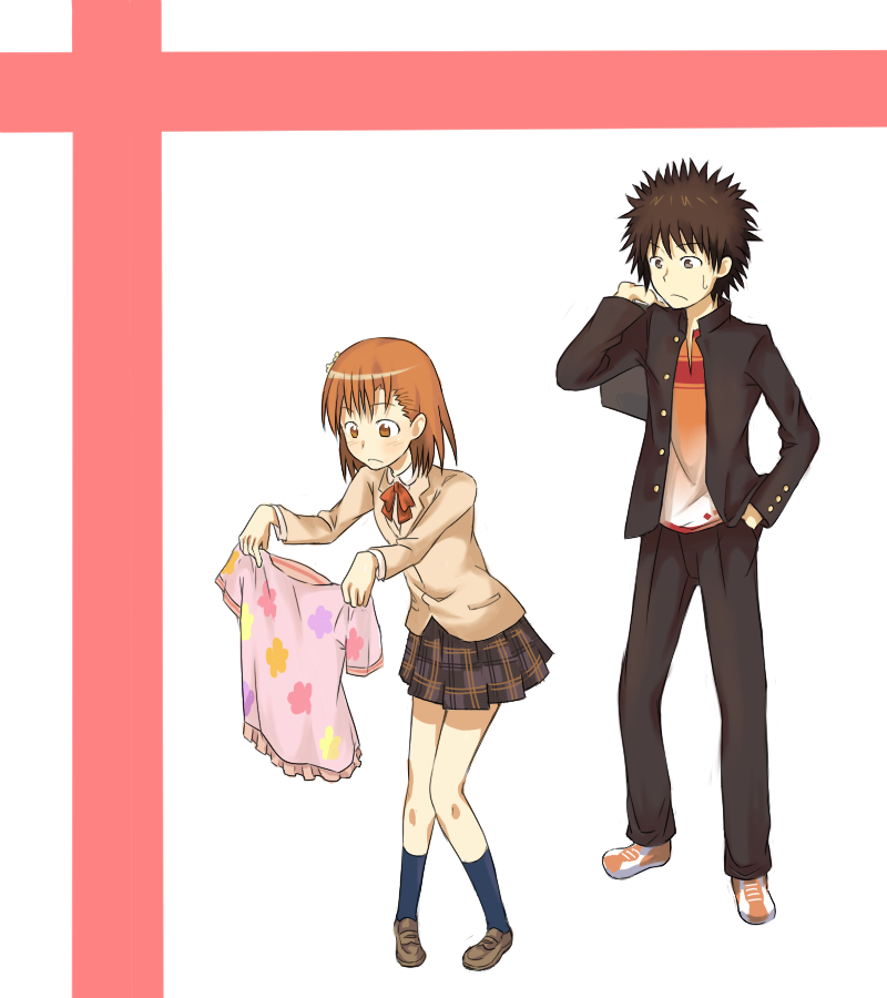 misaka mikoto and kamijou touma (toaru majutsu no index and 1 more) drawn by t0m0