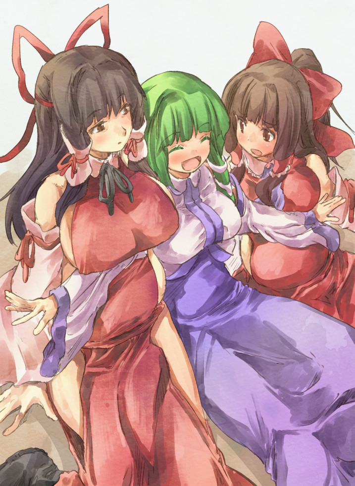 hakurei reimu, kochiya sanae, and sendai hakurei no miko (original and 2 more) drawn by yohane