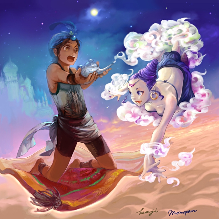 genie and aladdin (original and 1 more) drawn by momopanda