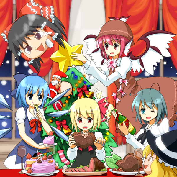 hakurei reimu, kirisame marisa, cirno, rumia, mystia lorelei, and 1 more (touhou) drawn by ruu_(tksymkw)