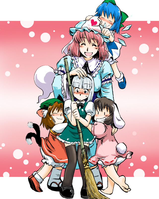 konpaku youmu, cirno, saigyouji yuyuko, chen, and inaba tewi (touhou) drawn by azuki_osamitsu