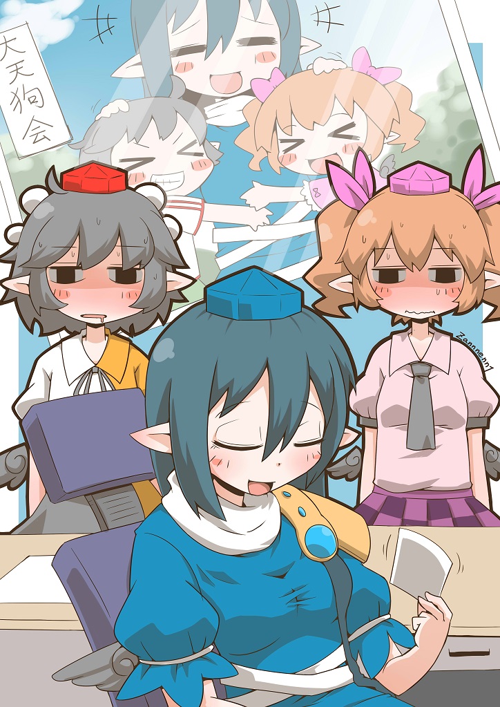 shameimaru aya, himekaidou hatate, and iizunamaru megumu (touhou) drawn by zannen_na_hito