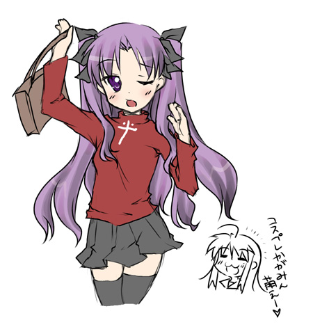 tohsaka rin and hiiragi kagami (fate and 2 more) drawn by saginomiya_oka