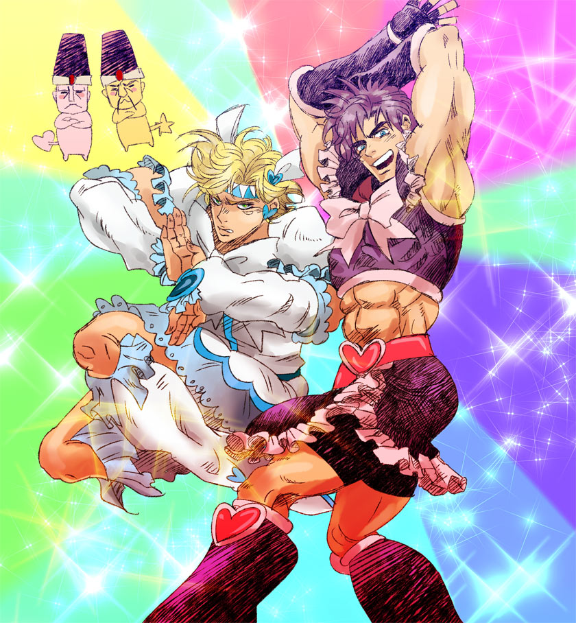 joseph joestar, caesar anthonio zeppeli, cure black, cure white, mepple, and 3 more (precure and 4 more) drawn by aokumo_2