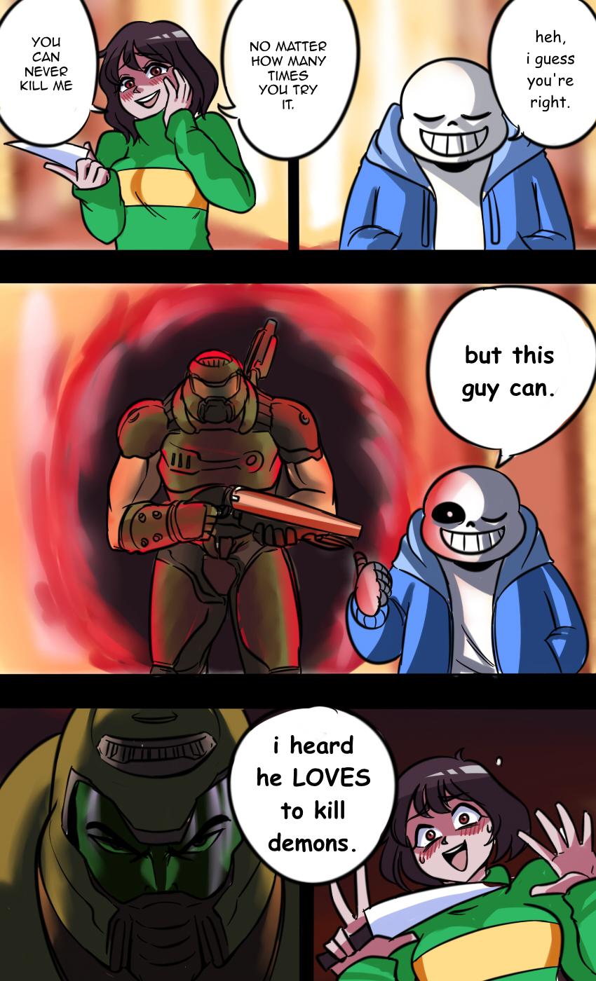 chara, sans, and doomguy (undertale and 1 more) drawn by tina_fate