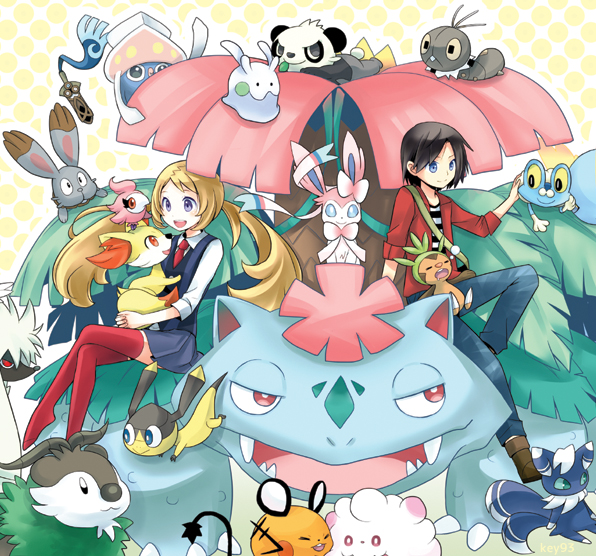 serena, sylveon, calem, fennekin, venusaur, and 16 more (pokemon and 1 more) drawn by hirako