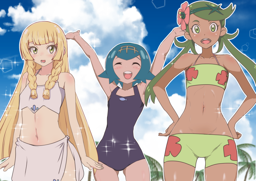 lillie, lana, and mallow (pokemon and 1 more) drawn by kswazza