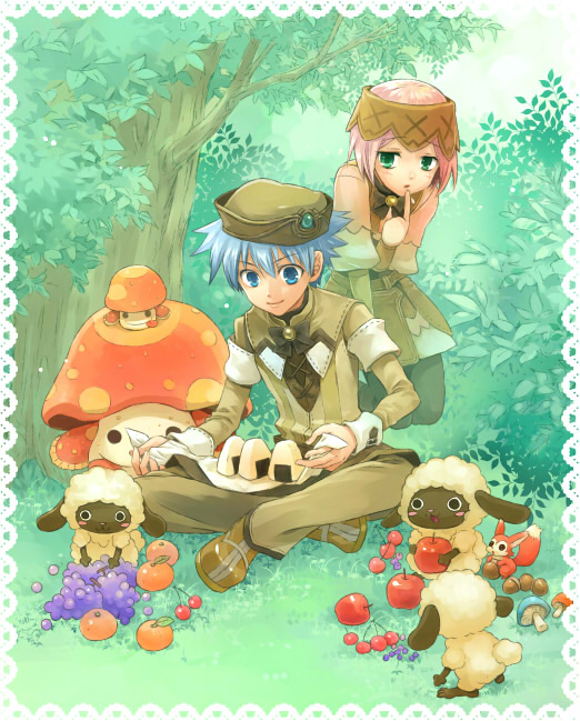 mokomoko, azel, sonia, chirori, and big mush (rune factory and 1 more) drawn by kawazoe_mariko