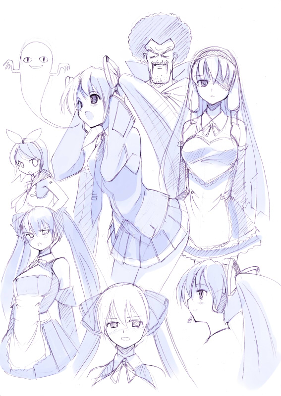 hatsune miku, kagamine rin, mian, mari, mr. satan, and 1 more (vocaloid and 4 more) drawn by seo_tatsuya