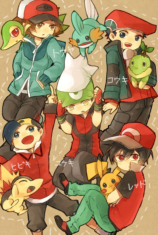 pikachu, red, ethan, hilbert, brendan, and 5 more (pokemon and 7 more) drawn by lastiny