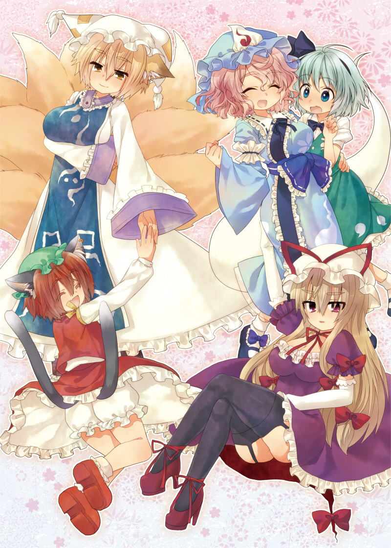 konpaku youmu, yakumo yukari, saigyouji yuyuko, yakumo ran, and chen (touhou) drawn by aisa_(micuma)