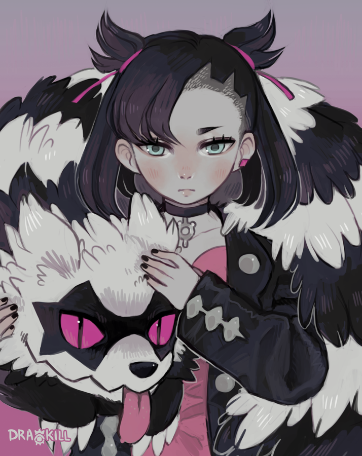 marnie and galarian zigzagoon (pokemon and 1 more) drawn by drawkill