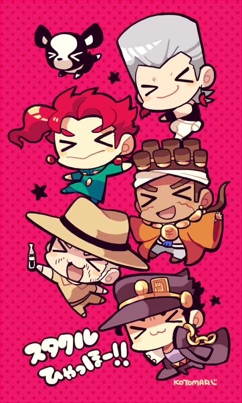 joseph joestar, kujo jotaro, kakyoin noriaki, jean pierre polnareff, mohammed avdol, and 1 more (jojo no kimyou na bouken and 1 more) drawn by kotorai