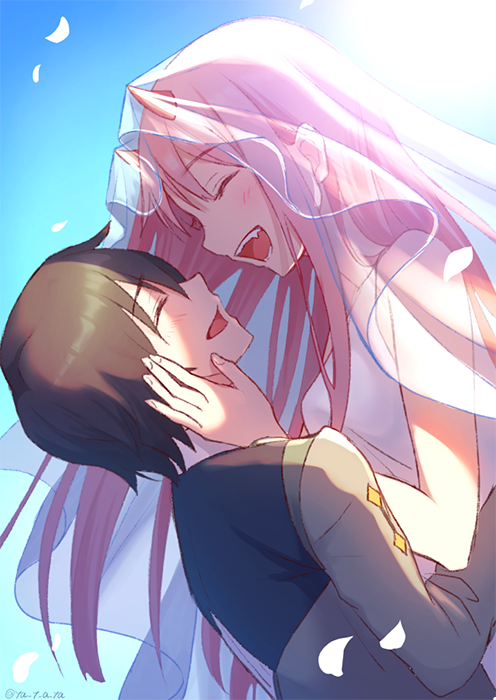zero two and hiro (darling in the franxx) drawn by rochika_(ya_y_a_ya)