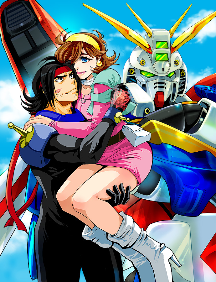 rain mikamura, domon kasshu, and god gundam (gundam and 1 more) drawn by jobo_(isi88)