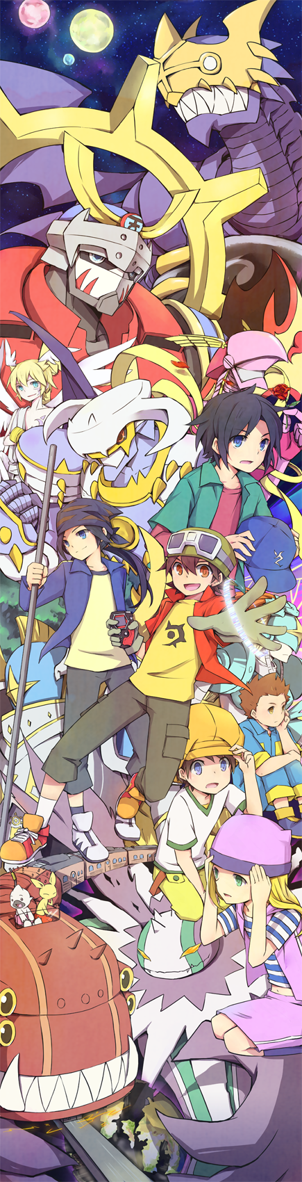 orimoto izumi, kanbara takuya, minamoto kouji, ofanimon, lordknightmon, and 12 more (digimon and 1 more) drawn by kanbara_maro
