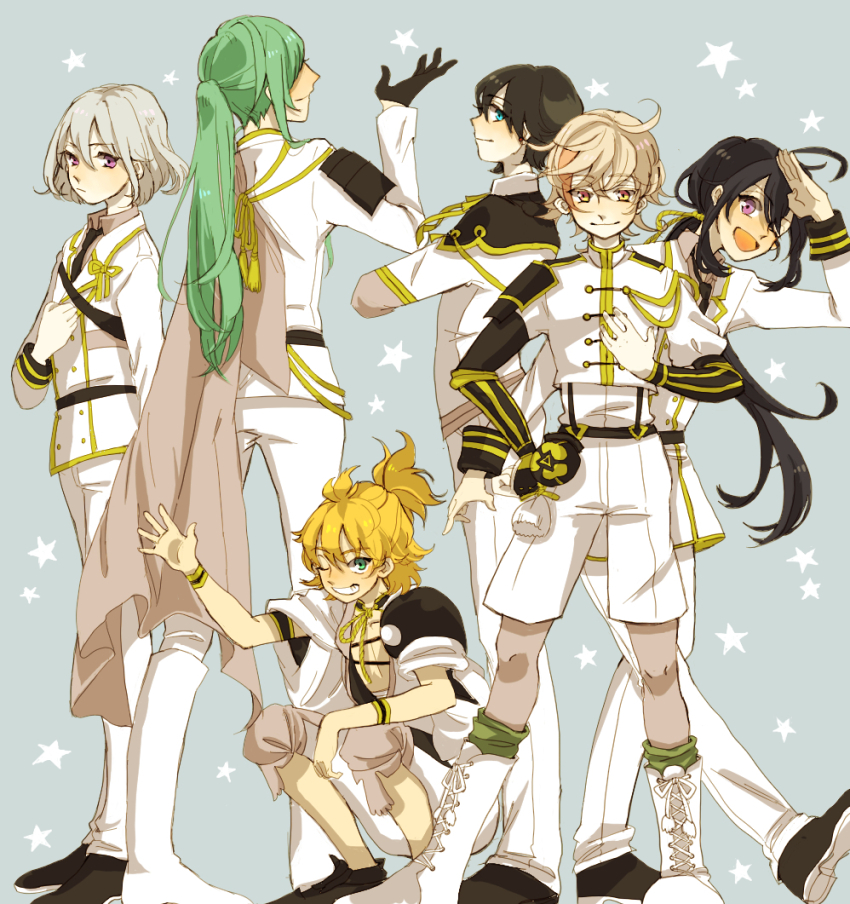 namazuo toushirou, honebami toushirou, horikawa kunihiro, nikkari aoe, urashima kotetsu, and 1 more (touken ranbu) drawn by mame_(ballet2604)