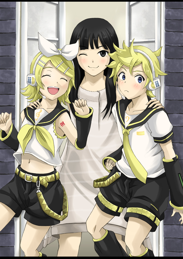kagamine rin, kagamine len, and shimoda asami (vocaloid and 1 more) drawn by pontai