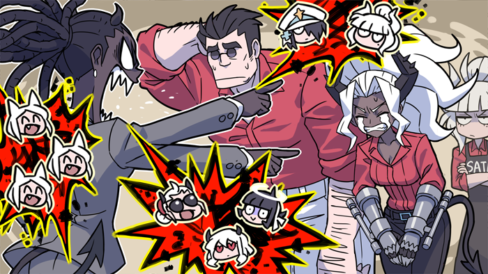 lucifer, modeus, justice, helltaker, cerberus, and 4 more (helltaker) drawn by kyo-hei_(kyouhei)
