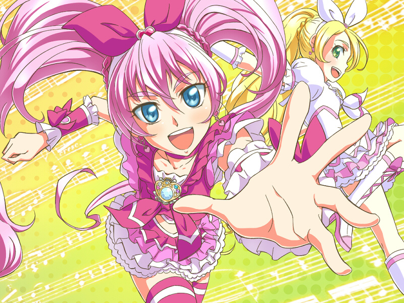 houjou hibiki, minamino kanade, cure melody, and cure rhythm (precure and 1 more) drawn by nishiwaki