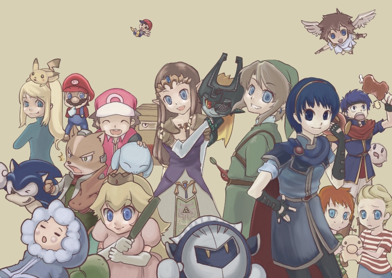 link, pikachu, princess zelda, kirby, princess peach, and 19 more (pokemon and 20 more) drawn by aura_(a440)