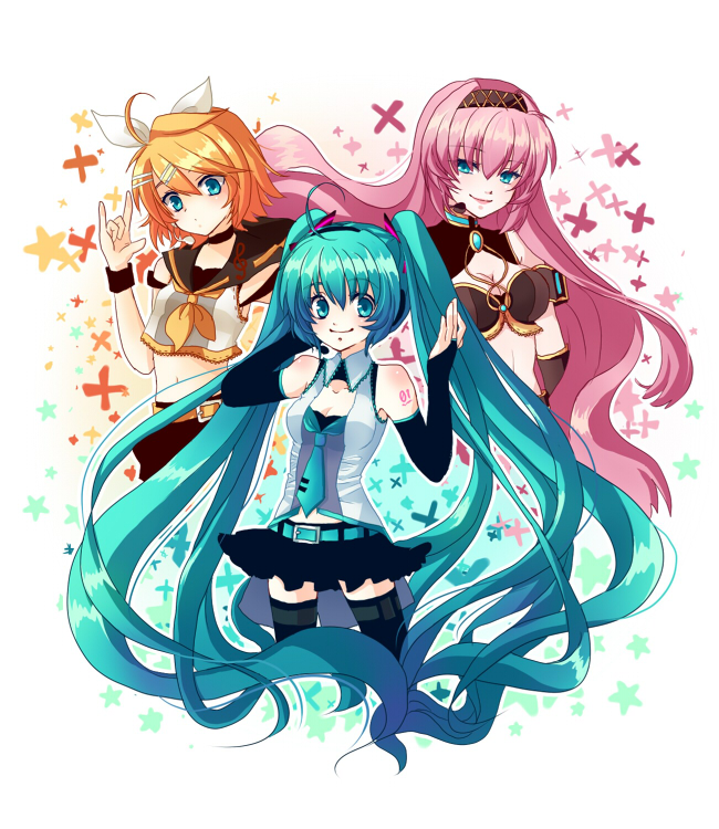 hatsune miku, kagamine rin, and megurine luka (vocaloid) drawn by mokorei