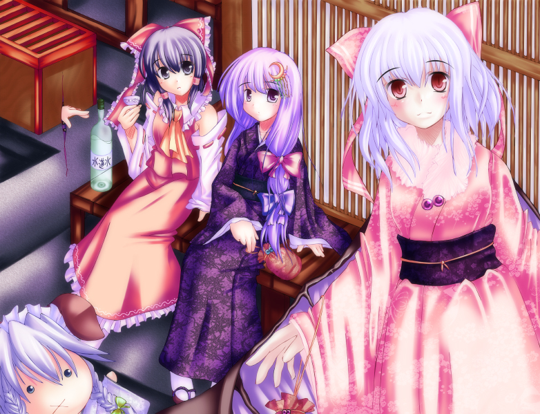 hakurei reimu, remilia scarlet, izayoi sakuya, patchouli knowledge, and yakumo yukari (touhou) drawn by moru_pomu_po