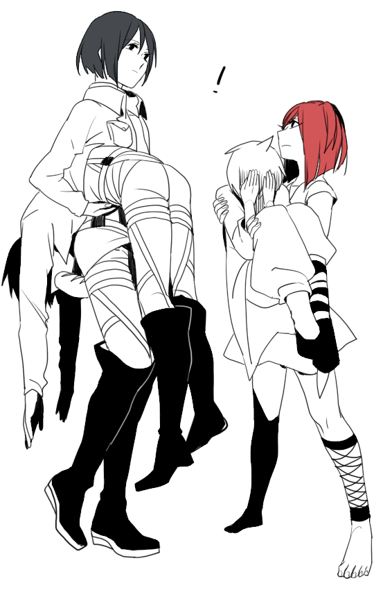 mikasa ackerman, eren yeager, morgiana, alibaba saluja, and kaji yuuki (shingeki no kyojin and 1 more) drawn by tang_elen