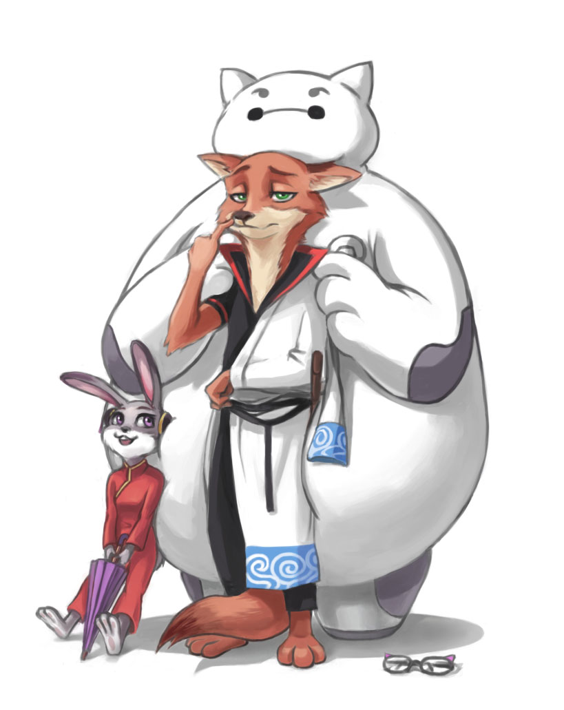 sakata gintoki, kagura, shimura shinpachi, judy hopps, nick wilde, and 2 more (gintama and 3 more) drawn by bei_ju_luoxuan_wan