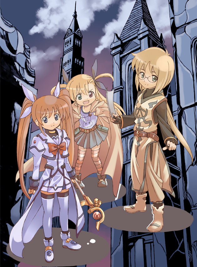 takamachi nanoha, raising heart, vivio, and yuuno scrya (lyrical nanoha and 1 more) drawn by kouno_hikaru