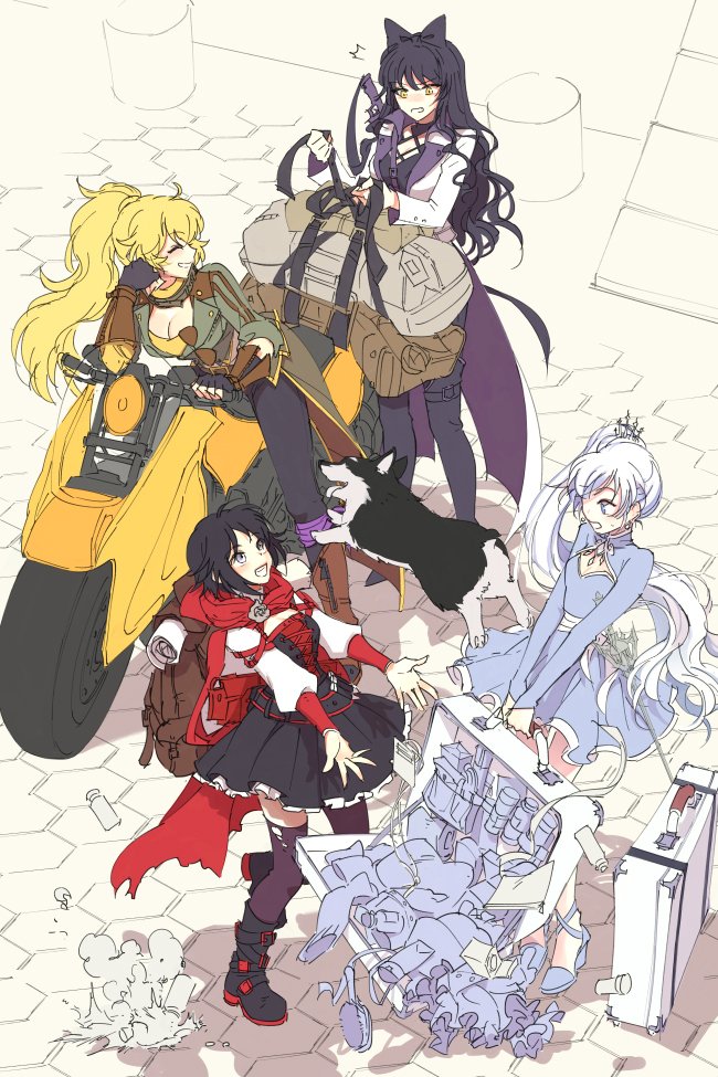 ruby rose, weiss schnee, yang xiao long, blake belladonna, and zwei (rwby) drawn by mugupo
