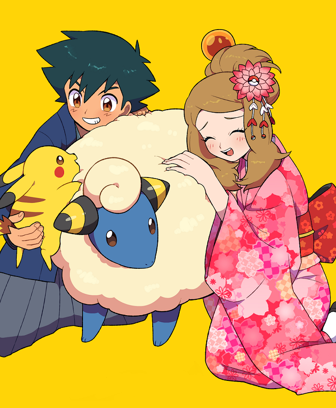 pikachu, ash ketchum, serena, and mareep (pokemon and 1 more) drawn by moyori