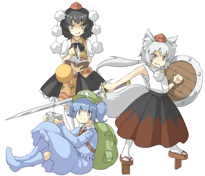 shameimaru aya, inubashiri momiji, and kawashiro nitori (touhou) drawn by urin
