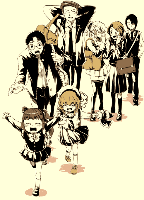 ushiromiya battler, ushiromiya ange, ushiromiya maria, ushiromiya jessica, shannon, and 3 more (umineko no naku koro ni) drawn by furutachirikonbu