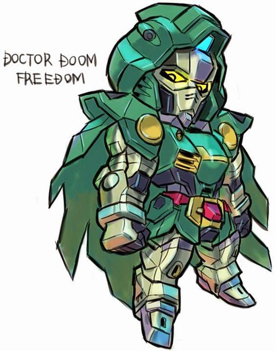 freedom gundam and doctor doom (gundam and 3 more) drawn by aburaya_tonbi