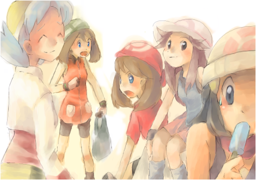 dawn, may, leaf, and kris (pokemon and 4 more) drawn by ryoto_328