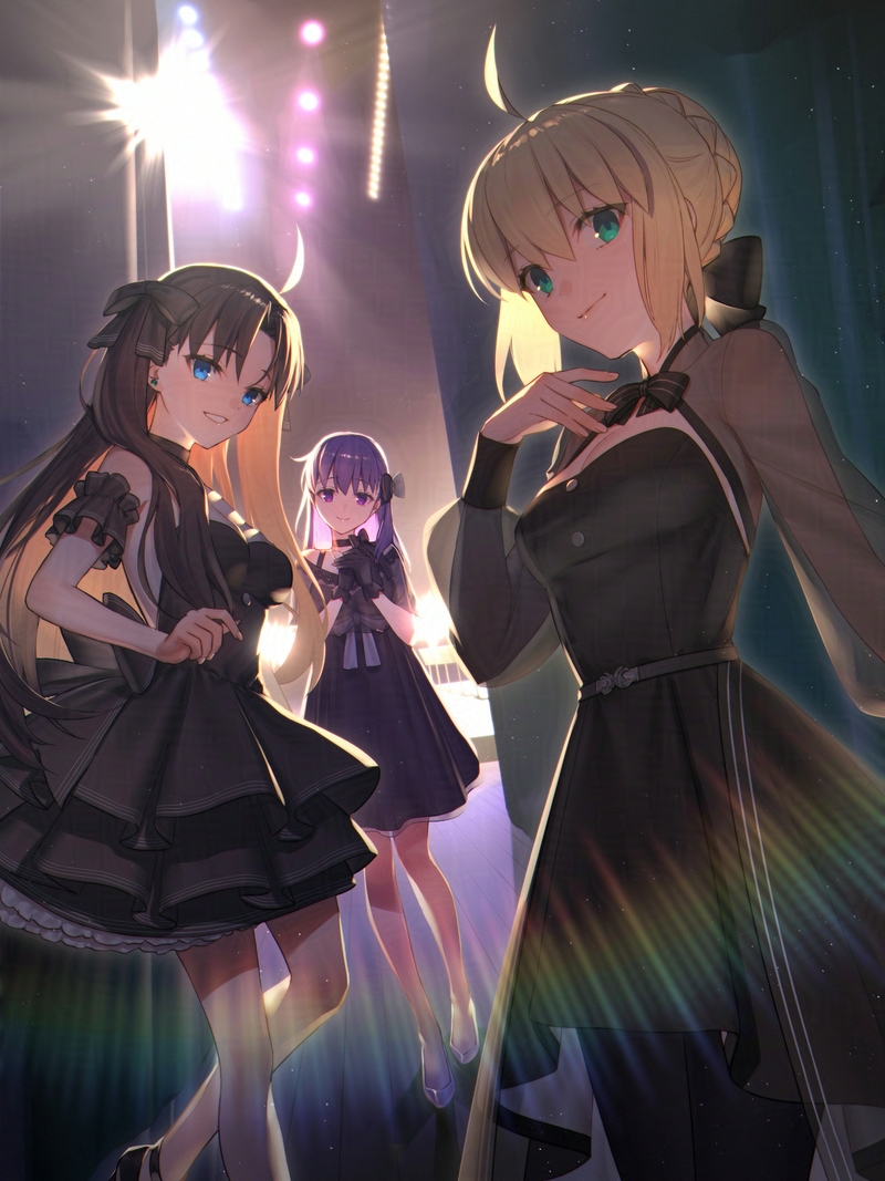 artoria pendragon, saber, tohsaka rin, and matou sakura (fate and 1 more) drawn by hiiragi_(karashriker)