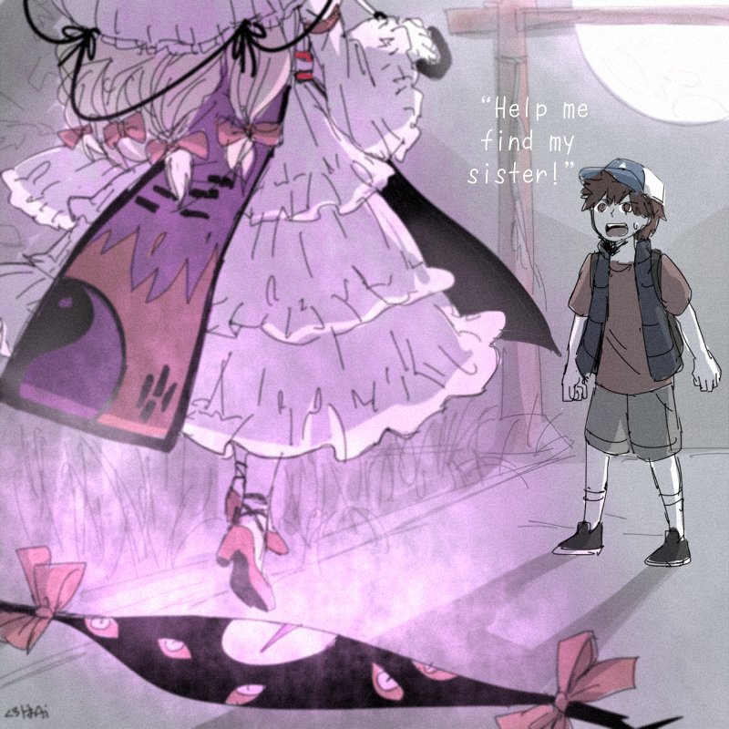 yakumo yukari, dipper pines, and bill cipher (touhou and 1 more) drawn by kuroha_ai