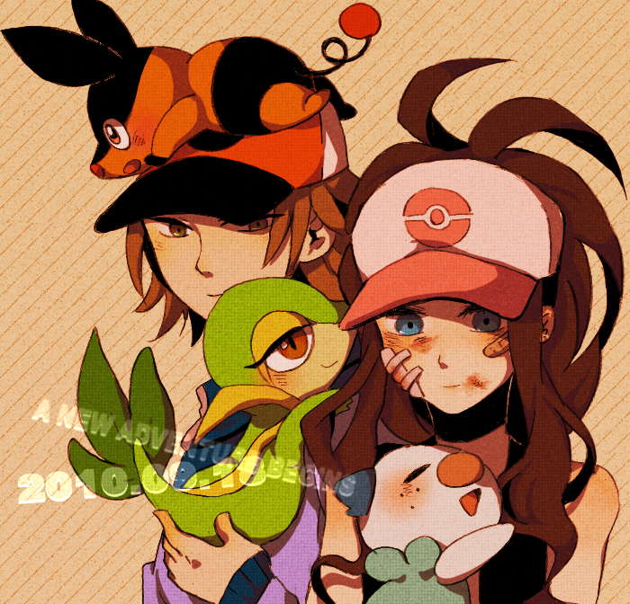 hilda, hilbert, oshawott, snivy, and tepig (pokemon and 1 more) drawn by shigemitsu_jun