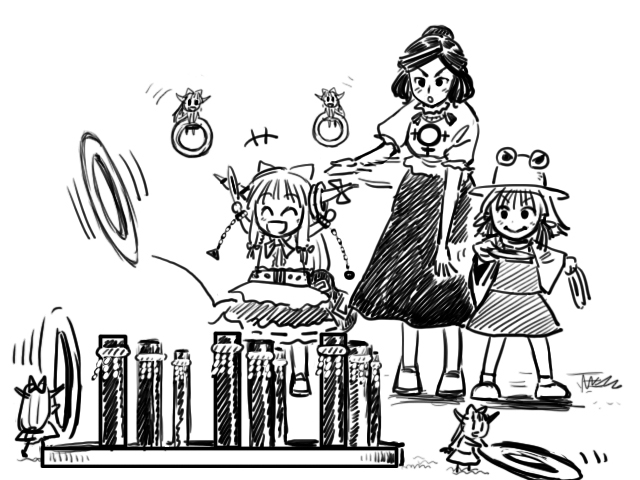 moriya suwako, ibuki suika, and yasaka kanako (touhou) drawn by gensoukoumuten